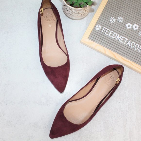 Tory Burch Shoes - Tory Burch Elizabeth Suede Flats Burgundy & Gold